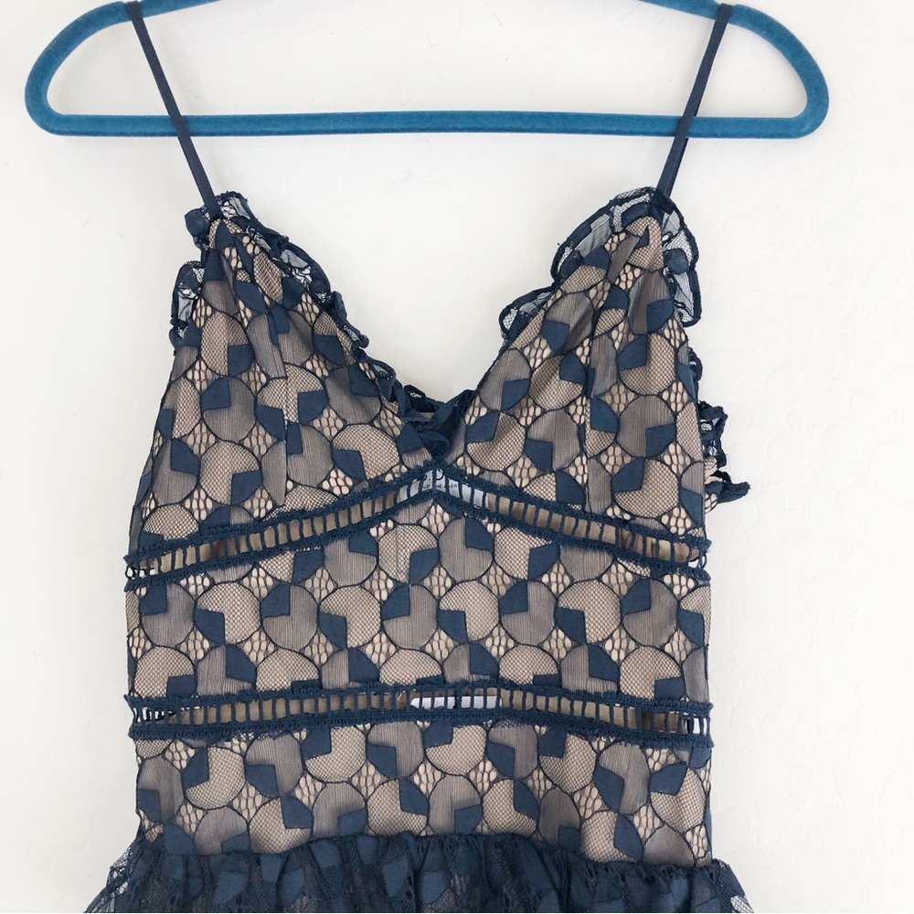 J.O.A Navy Blue Nude Lace Tiered Skirt Dress size Small - Picture 4 of 10